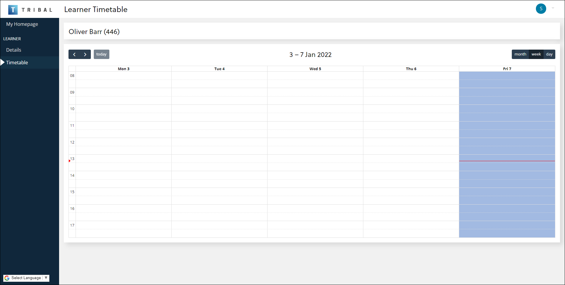 Learner Timetable screen mobile